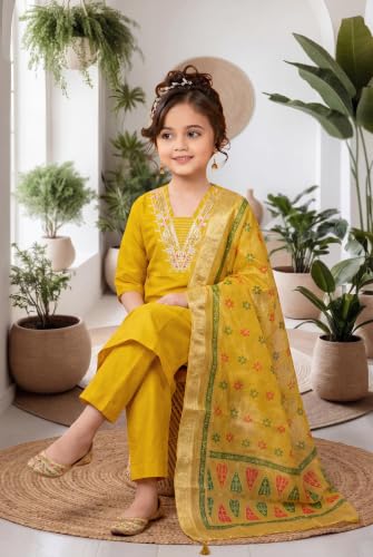 Image of Girls Cotton Blend Embroidered Kurta Pant with Printed Banarasi Style Dupatta Set | Festive Ethnic Wear for Kids | Traditional Suit Set for Girls (4-14Years)