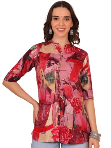 Image of FIMS - Fashion is my style Rayon Abstract Printed Short Kurti for Women, Tunics Tops, Ethnic Wear for Office, Flared, Mandarin Collar V Neck, Roll-Up Sleeves, Summer Wear, Ideal Gift for Girls