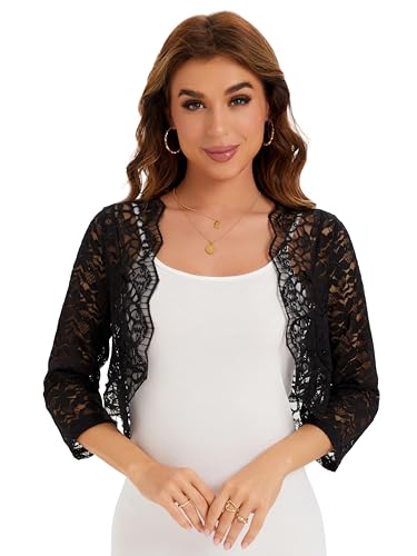 BENANCY Women's Elegant 3/4 Sleeve Sheer Floral Lace Shrug Cardigan3
