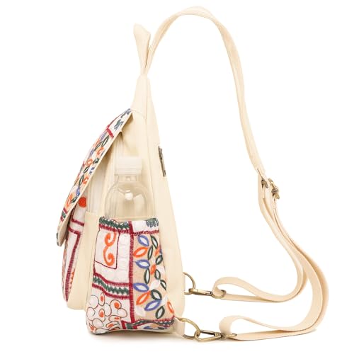 Image of SILKAREA Boho Embroidered Sling Backpack for Women Canvas Travel Chest Bag Multi-purpose Backpack Purse Shoulder Bag (Embroidered Orange)