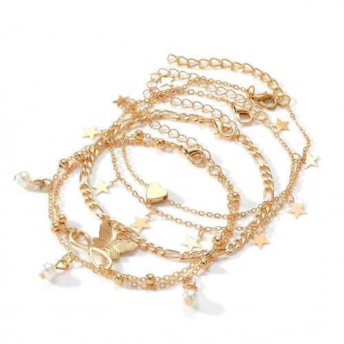 Image of Fesciory 14K Gold Plated Ankle Bracelets Sets For Women, Adjustable Layered Infinite Anklet, Summer Beach Butterfly Star Foot Chain Jewelry Gifts