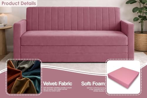 Image of Deco Studio Three Seater Sofa Cum Bed for Living Room | Convertible Sofa Bed | Vertical Channel Backrest | Space Saving Sofa Sleeper for Home, Guest Room & Office-Rose-Pink