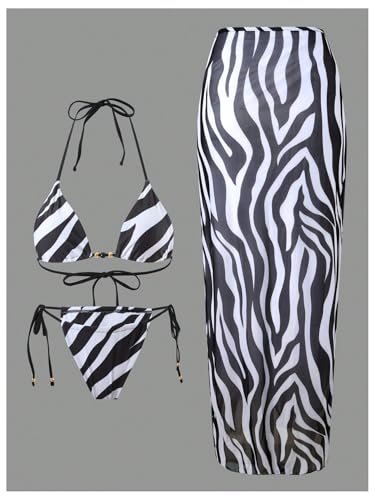 Ensemble bikini 3 pièces à rayures zébrées avec string et jupe de plage fluide M - 5