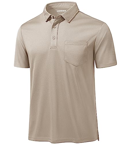 Magcomsen Men Performance Polo Shirts Breathable Polo Shirts Training Shirts Jogging Shirts Camping Shirts Athletic Tops With Pocket Khaki L #TOP14