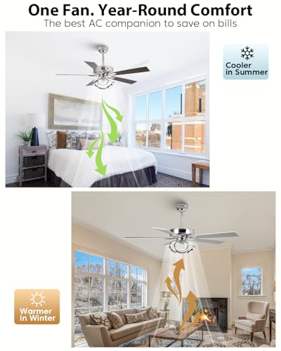 Image of Ceiling Fans with Lights and Remote - Modern Silver Ceiling Fan with Light and Remote, 3CCT, 6 Speeds, Quiet, Dual-Sided Reversible Blades Indoor Outdoor Chandelier Fan for Bedroom Living Room