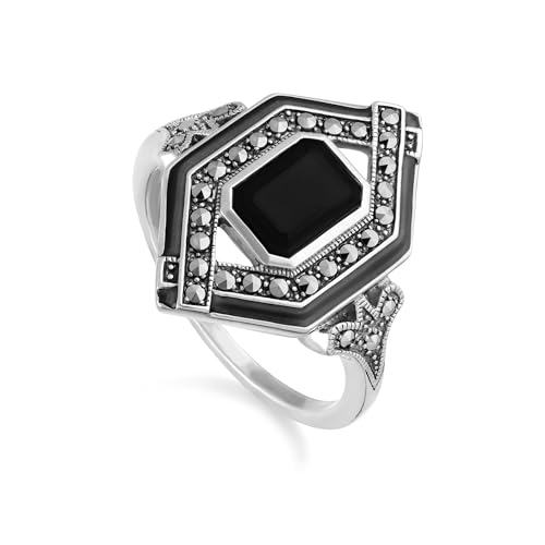 Image of Gemondo USA 925 Sterling Silver Black Spinel, Marcasite & Black Enamel Art Deco Ring