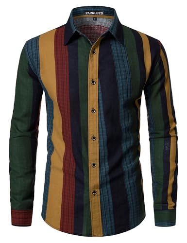 PARKLEES Mens Cotton Linen 70s Disco Retro Traditional Pattern Printed Long Sleeve Button Down Shirt Colorful Stripe Large