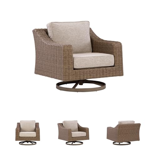 Image of Signature Design by Ashley Carmel Bay Casual Weather and UV Resistant Outdoor Swivel Lounge with Cushion, Light Brown & Beige