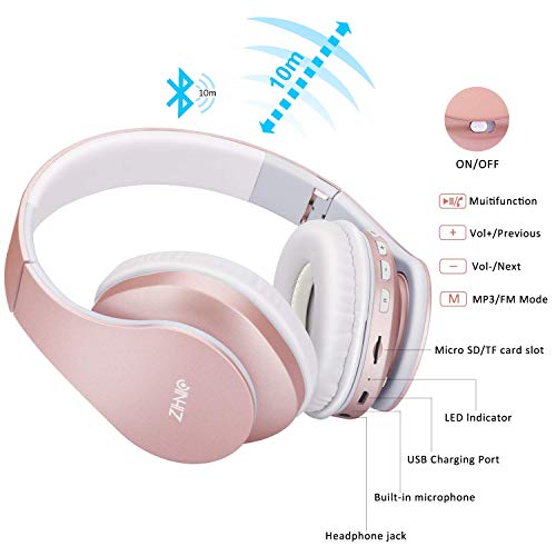 2 Items,1 Rose Gold Zihnic Over-Ear Wireless Headset Bundle With 1 Black Gray Zihnic Foldable Wireless Headset #TOP3