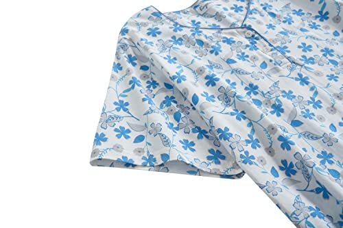 Keyocean Ladies Nightgowns For Summer, Soft 100% Cotton Lightweight Comfortable Short Sleeves Nightgowns For Women, Blue Flower, X-Large #TOP6