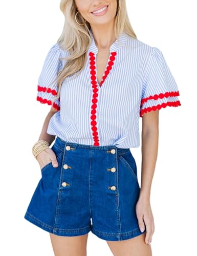 Yeokou Womens Striped Shirt V Neck Short Puff Sleeve Cotton Pullover Top Casual Summer Button Down Rickrack Blouse
