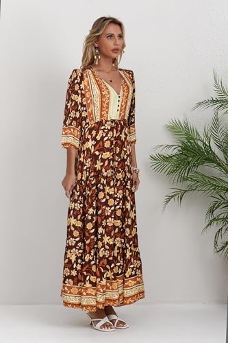 Image of Women Short Sleeve V Neck Floral Print Casual Bohemian Maxi Dresses