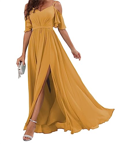 Schulterfreies Chiffon-Kleid mit Falten, A-Linie, langes Brautjungfernkleid für Damen, senfgelb, 38