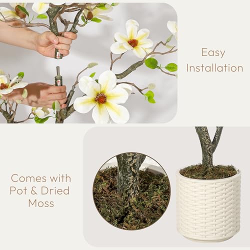 5FT Faux Magnolia Plant Artificial Flower Trees Fake Plants for Yard Patio Home Office Arrangement Decor Artificial Magnolia Tree Inc. 120 Realistic Flowers Vivid Leaves Mosses Lighting White Pot