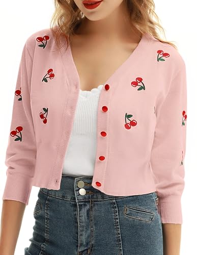 Image of Belle Poque Women's 3 /4 Sleeve V-Neck Button Down Cherries Embroidery Cropped Cardigan Sweater Coat