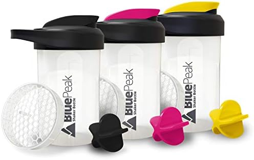 BluePeak Protein Shaker Bottle 20 oz with Dual Mixing Technology, Strong Loop Top, BPA Free, Shaker Balls & Mixing Grids Included - On-The-Go Small Protein Shakers (3 Pack - Black, Yellow, Pink)