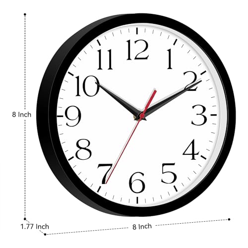 DAXSMY 8 Inch Wall Clock - Battery Operated, Silent Non-Ticking Analog Sweep Movement - Easy to Read Numbers for Home, Office, Kitchen, Classroom (Black) - Thumbnail 4