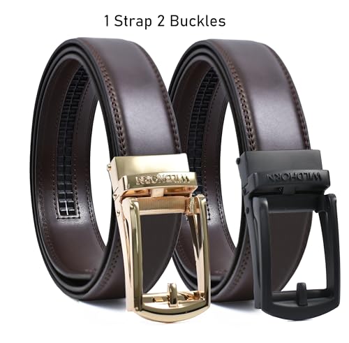 Image of WildHorn Men's Leather Belt Gift Set | Genuine Leather belt Strap with 2 Interchangeable Buckles | Formal & Casual Wear Adjustable Belt | Automatic lock leather belt for men