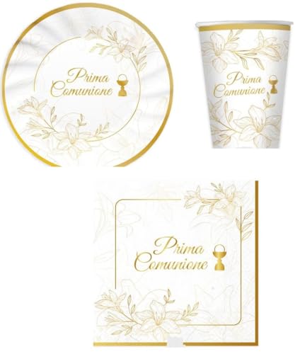 Set 40 pezzi - Kit Coordinato tavola PRIMA COMUNIONE ELEGANT - Colore Bianco e ORO lucido con Calice e Fiori - decoro buffet feste - 12 piatti + 12 Bicchieri + 16 tovaglioli