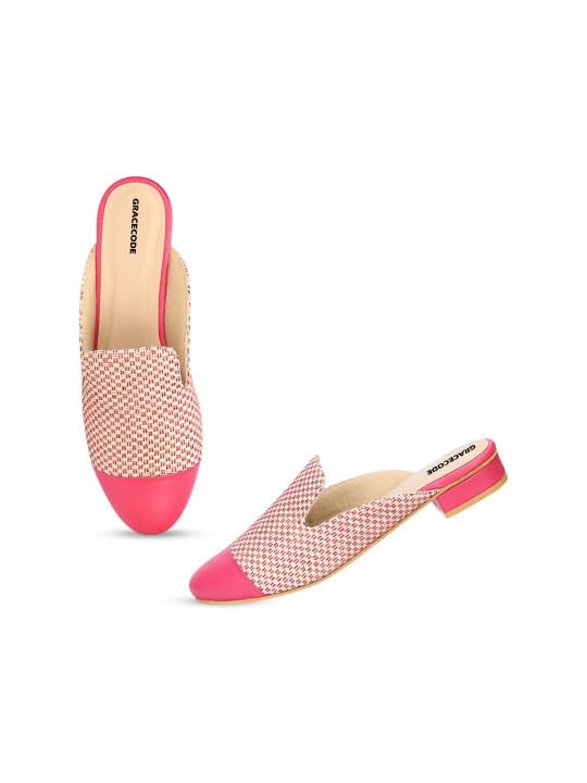 Women's Checkered Mules, Pink and Beige, Slip-On Style-picture-11