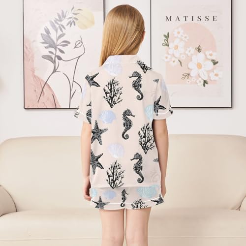 ALAZA Black Seahorse Star Coral Reef Satin Pajamas Set Short Sleeve Button Down Sleepwear Summer Pjs 2 Piece4