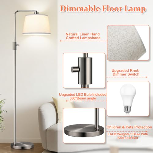Image of Nintiue 【Upgraded】 Dimmable Floor Lamp, 1000 Lumens LED Edison Bulb Included, Brushed Nickel Arc Floor Lamps for Living Room Modern Standing Lamp Tall Lamps for Living Room Bedroom