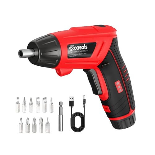 Atornillador electrico sin cable CASALS - Batería Litio 2000mAh, Potencia 3.6V, Velocidad 200 RPM, Luz LED, Mango Ergonómico Linterna, Incluye Adaptador Hexagonal, 11 Puntas Atornillado, Cable USB