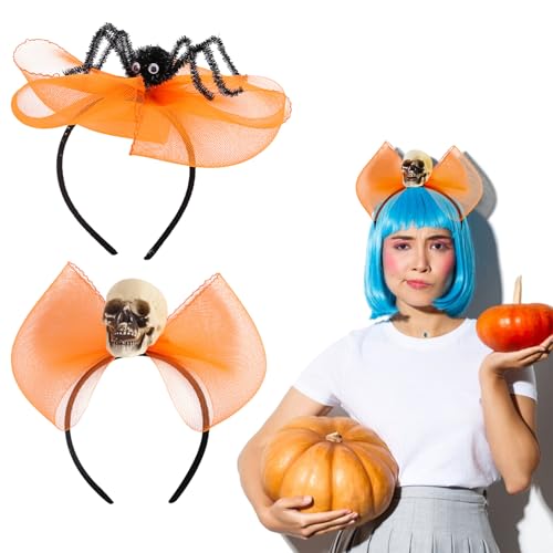 UIYIHIF 2Pcs Halloween Cosplay Headband, Spider Skull Hair Hoop with Bow Mesh Black Horror Hair Accessories for Women Girls(orange skull spider-orange)