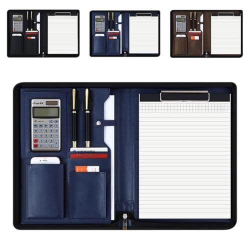 Ghbunuz ビジネスジッパーバッグ、A4多機能メモ帳、日記帳、バインダー、電卓、ペンホルダー、名刺ホルダー、ジッパー留め、ライティングボード、防水設計、ダブルコンパートメント収納フォルダー、父の日、入学、仕事、クリスマスギフトに最適 (ソーラー計算機,