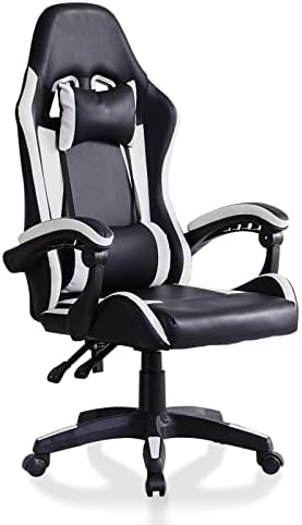 PU Leather Gaming Chair with Tilting Adjustment, Lumbar Support Cushion, Head Rest and Padded Seat Ergonomic Executive Office Chair High Back Sport Racing Computer Chair Swivel Chair Task Chair White