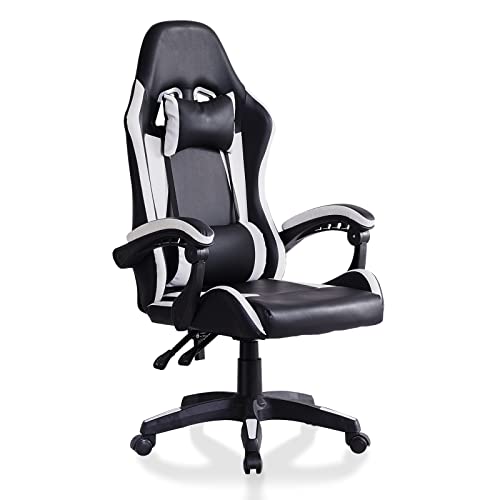 TUKAILAi Gaming Chair for Adults,Ergonomic Racing Gamer Chair with Tilting Adjustment, Lumbar Support and Head Rest, Black White PU Leather Office Computer Chair for Teens