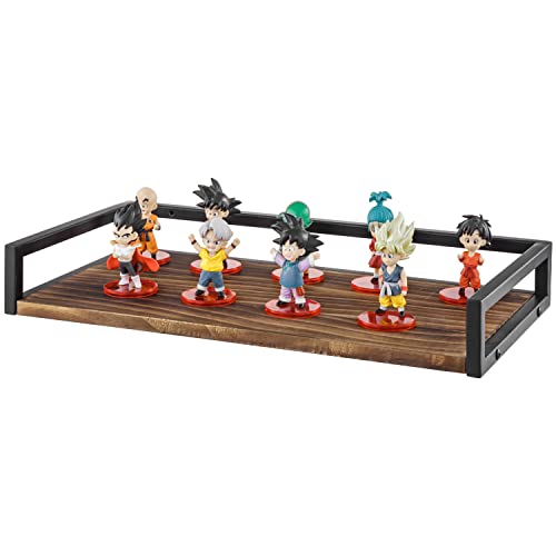 Mygift Rustic Burnt Wood Floating Shelf, Decorative Wall Mounted Shelf Collectible Display Rack With Black Metal Rails #TOP26