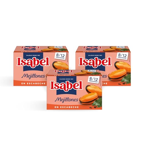 Mejillones Isabel en salsa escabeche 8-12 piezas, 1 pack 3 de latas de 115gr