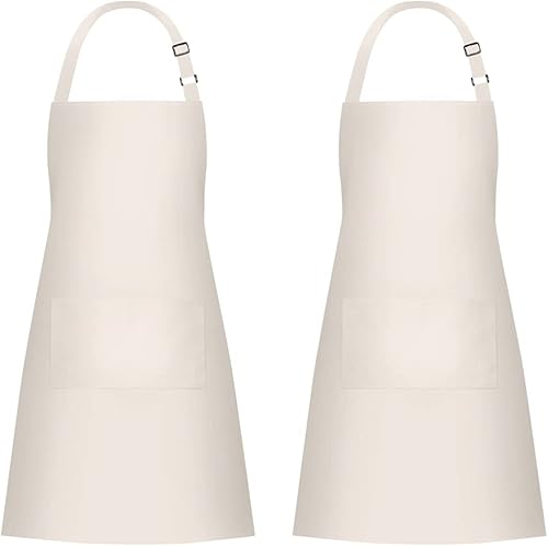 Jubatus Paquete de 2 delantales 100% algodón con 2 bolsillos para cocinar, cocinero, delantal ajustable para mujeres y hombres, color beige