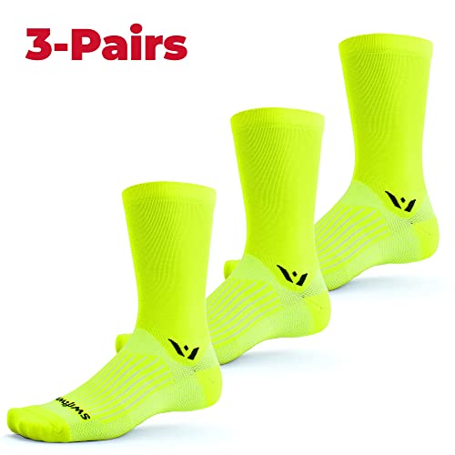 Swiftwick- Aspire Seven (3 Pairs) Cycling Socks, Firm Compression Fit, Tall Crew (Hi-Viz Yellow, Large) #TOP1