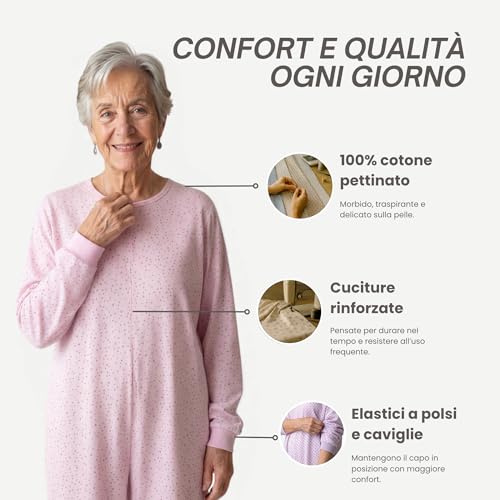 Confezioni_Emy Pflege-Schlafanzug Ganzkörper Unisex aus 100% Baumwolle – Senioren Overall mit Rückenreißverschluss – Pflegebekleidung Damen & Herren - Größe M - Blume Rosa