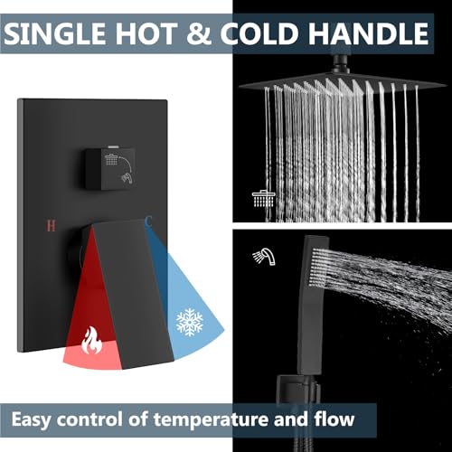 Aolemi Ceiling Mount Shower System Rain Shower Head with Handheld Spray High Pressure Shower Faucet Set Rough-in Valve Shower Trim Kit Included Bathroom Matte Black 10 Inch Ceiling Shower Head by Aolemi - Image 8