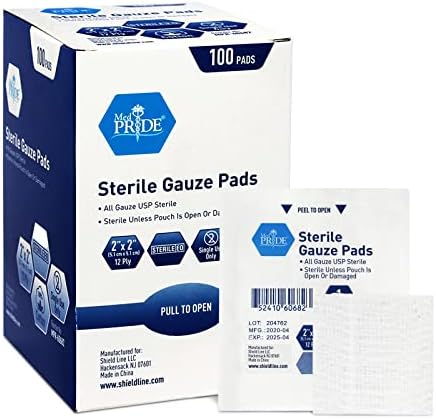 Medpride 2'' x 2'' Sterile Gauze Pads for Wound Dressing| 100-Pack, Individually Packed Pouches| 12-Ply Cotton & Highly Absorbent| Gauze Sponge-Pads for Wound Care & Home First Aid Kits