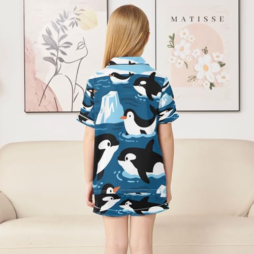 Satin Pajama Sets Short Sleeve Penguins in Water Button Down Silky Nightwear 2 Piece PJS 5-14Y4