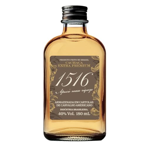 Cachaça 1516, PETACA Cachaça 1516 Ouro envelhecida em Carvalho Americano 180ml 40% Vol