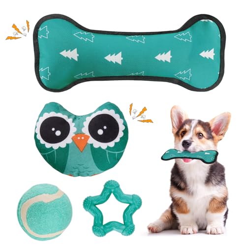 LIFLIX Hundespielzeug Kleine Hunde - 4 Stück Welpenspielzeug Kleine Welpen - Interaktives Kauspielzeug Hundeball und Quietschspielzeug- Eulen Form