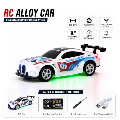 Image of Mini RC Car for Kids with App & Remote Control, 1:64 Alloy Racing Car, 2.4GHz LED Lights, 3 Speed Modes, USB Type-C Rechargeable