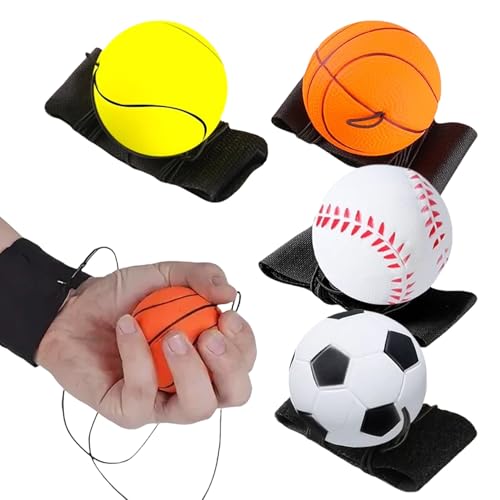 4 Stück Springball mit Schnur Kinder,Ball an der Schnur,Handgelenk Return Ball,Elastizitätsball mit Gummiband Wrist für Fußball,Basketball,Tennis,Baseball,Sport Spielzeug für Spielen,Handgelenkübungen