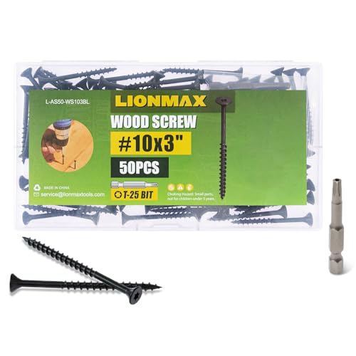 Image of LIONMAX Deck Screws 3 Inch, Wood Screws #10 x 3, 50 PCS, Rust Resistant, Exterior Epoxy Coated, Outdoor Decking Screws, Torx /Star Drive Head Screw, T25 Star Bit Included, Black