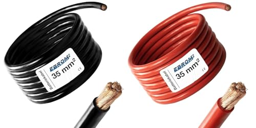 EBROM - 2 Meter Batteriekabel - rot und schwarz - Pluskabel und Massekabel - 35mm2 | 35 mm | 35 mm2 - Vollkupfer 99 9% OFC Kupfer Stromkabel - Ihre Länge: je 2 Meter