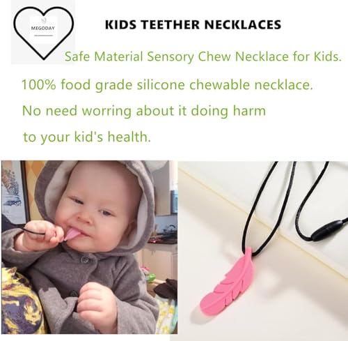 Image of Multi-Functional Chewlery Fidget Necklace,Baby Teething Necklace | Sensory Chew Necklaces for Kids Adults,Leaf Feather Teether 3 pcs