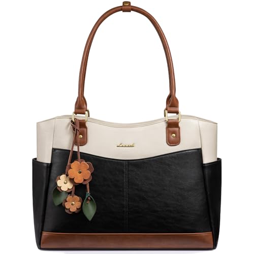 Image of LOVEVOOK Laptop Bag for Women, Vintage Work Tote, Teacher Bag with Pendant | Fits 15.6 Inch Laptop, Magnetic Front Pockets, fits for Large Bottle Pockets, Flower Pendant, Fashion Work Purse