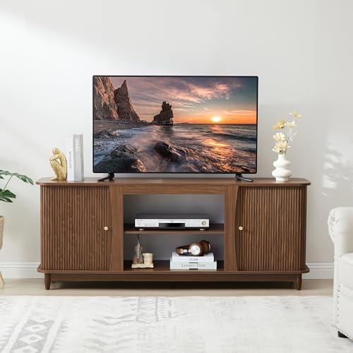Image of TV Stand, Fluted Media Console Table with Storage and Sliding Door, Farmhouse Entertainment Center for Living Room, Home Office (Walnut-No Fireplace)