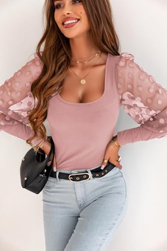 Image of miduo Womens Tops Square Neck Polka Dot Balloon Long Sleeve Top Shirts Slim Knit Ribbed Tops Blouses