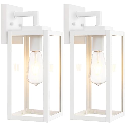 Image of Outdoor Wall Sconce 2 Pack, White Large Exterior Waterproof Wall Light Fixtures, Anti-Rust Porch Lights Outdoor with E26 Socket & Tempered Glass, Modern Outside Lights for House Front Door Patio, 15''